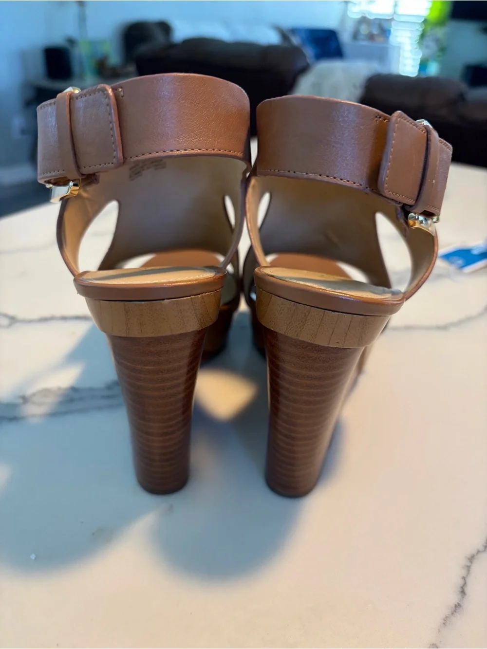 Michael Kors Tan Leather Platform Wedge Sandals with Gold Buckle